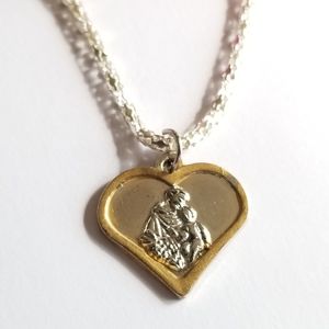 Religious medal necklace heart shaped silver tone metal Catholic Christian